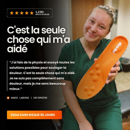 Avis client d’une infirmière qui utilise les semelles Stonks pour soulager ses douleurs aux pieds pendant ses longues journées debout.