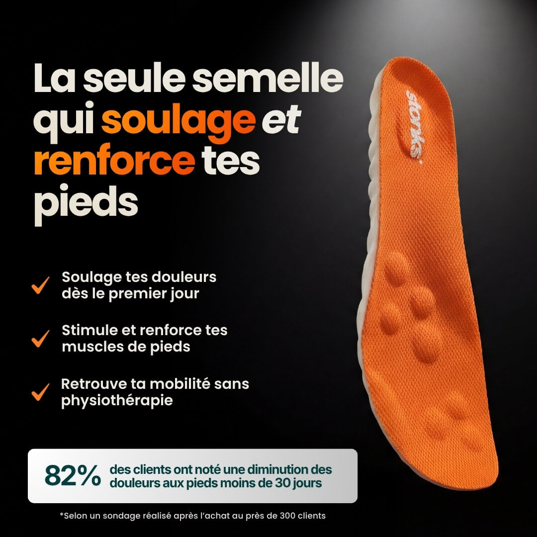 Semelle Stonks orange avec bénéfices pour soulager et renforcer les pieds, avec statistique de diminution des douleurs.