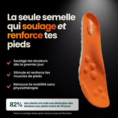 Semelle Stonks orange avec bénéfices pour soulager et renforcer les pieds, avec statistique de diminution des douleurs.