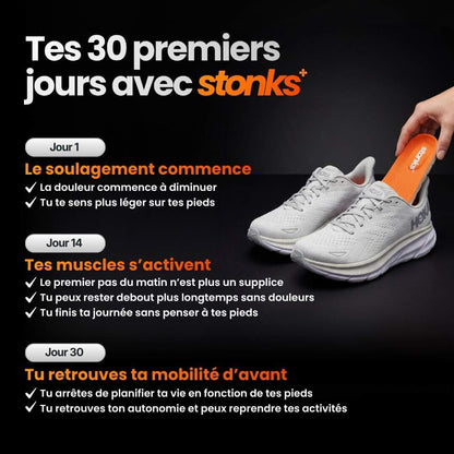 Progression des 30 premiers jours avec les semelles Stonks pour aider à diminuer les douleurs aux pieds et retrouver sa mobilité.