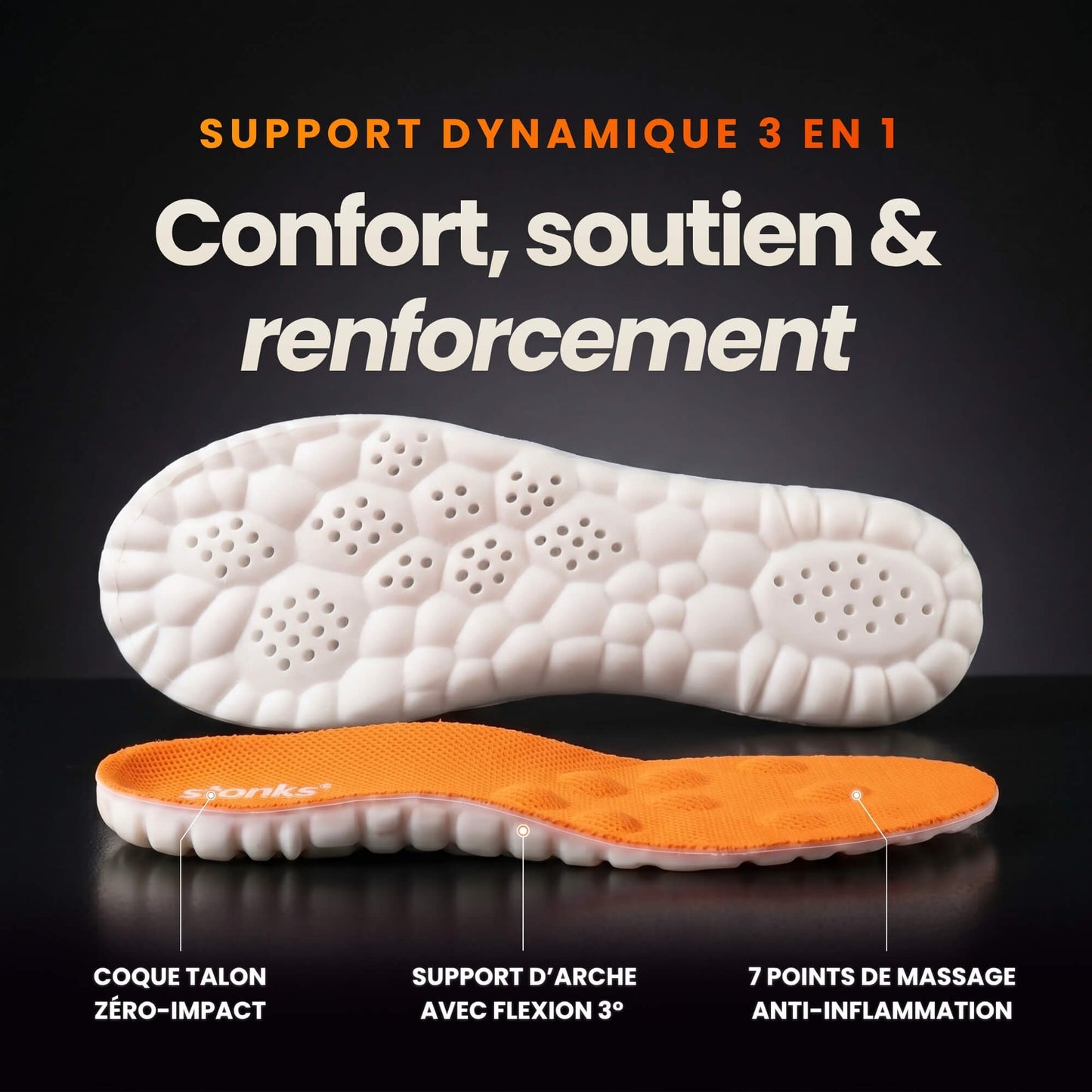 Vue détaillée des semelles Stonks avec coque talon, support d’arche avec flexion 3 degrés et points de massage